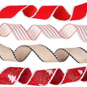 Christmas Wired Edge Ribbon Reindeer Snowflake Printed Faux Linen Velvet Ribbon For DIY Craft Gift Wrapping Xmas Tree Decor