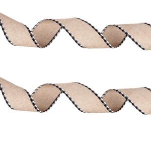 Rustic burlap Christmas ribbon with classic black and white checkered edges in wave pattern