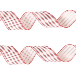 Red and white striped Christmas ribbon with red stitched edges for gift wrapping decor