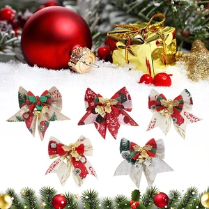 5-pack Christmas linen bows with Merry Christmas print and golden bells for tree decor