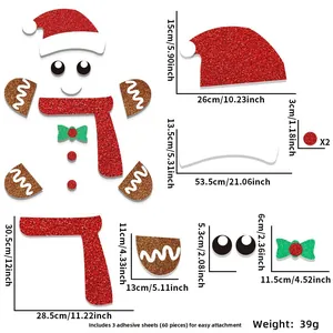 Detailed dimensions of gingerbread man holiday door stickers with 60 adhesive dots