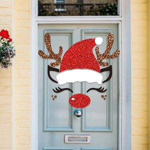 Glittering Christmas reindeer door stickers with gold antlers and red hat for home decor