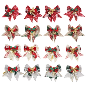 Set of 16 linen Christmas bows with golden bells, red berries and pine needles