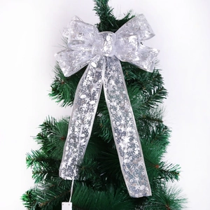 Silberner LED-Weihnachtsschleifen-Baumschmuck mit Sternenmuster auf Organza-Stoff