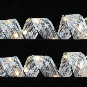 Sparkling silver LED Christmas ribbon with warm white lights and star patterns for tree decor