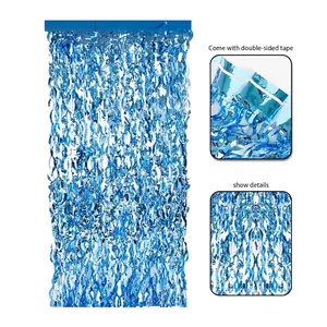 Blue metallic tinsel curtain for party background with double-sided adhesive tape