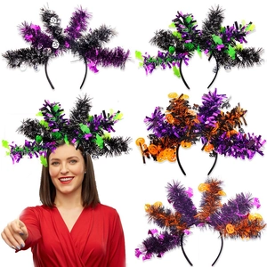 Halloween tinsel headbands featuring spooky ghost, pumpkin, and skull party accessories