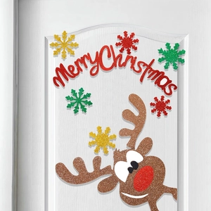 Christmas door stickers set with Merry Christmas glitter text, snowflakes and reindeer