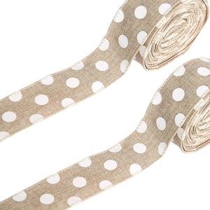 Natural linen ribbon with white polka dots for DIY Christmas tree bows and gift wrapping