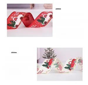 Detail of Christmas ribbons featuring vintage red truck and tree prints with glitter edges