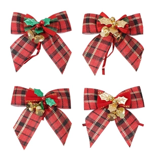 Set of 4 red plaid Christmas bows with golden bells and green leaf accents