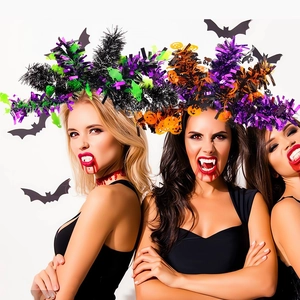 Halloween headband with colorful tinsel pumpkins ghosts and bats shown on models