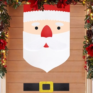 Christmas non-woven Santa Claus door sticker with sparkling belt buckle detail on wood background