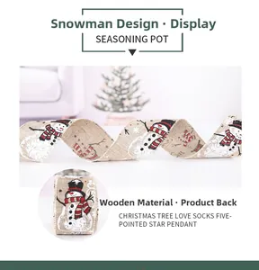 Close-up of beige linen Christmas ribbon featuring snowman patterns for DIY tree decor