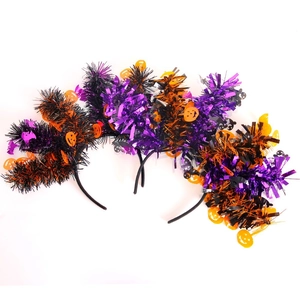 Halloween headband set with pumpkin and ghost motifs and colorful metallic tinsel decorations