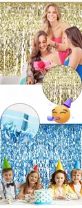 Detail view of gold and blue metallic foil fringe curtains for party backdrops