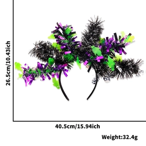 Detailed size chart for Halloween tinsel headband with ghost decor measuring 26.5 by 40.5 cm