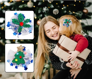 Detalle de pinzas navideñas con malla, lentejuelas y motivos de hojas de acebo rojo