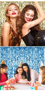 Champagne gold and blue tinsel fringe curtains used as festive party backdrops