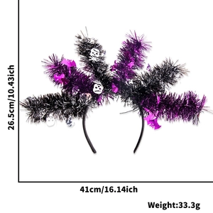 Detailed size chart of Halloween headband with tinsel skulls and purple sequin bats decoration