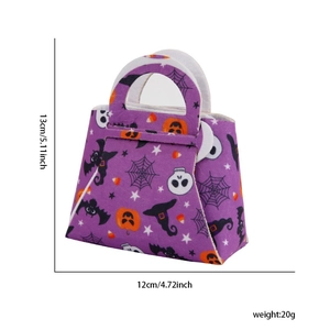 Detailed view of purple Halloween felt bag with pumpkin and bat prints and dimensions