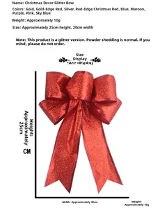 Detail view of 25cm Christmas bow with red glitter fabric and measurement annotations