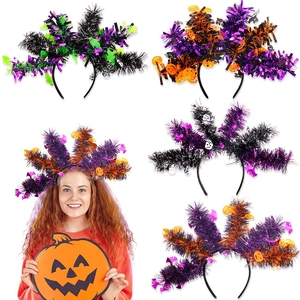 Detail view of colorful Halloween tinsel headbands with pumpkin and ghost decorations
