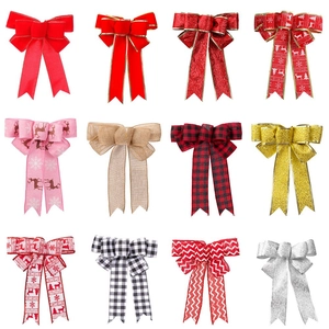 Polyester Decorative Christmas Ribbon Bows Reindeer Snowflake Print For Holiday Tree Ornament Festive Gift Box Decorations