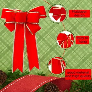 Multilayer red velvet Christmas bow with gold edges and festive pine cone decoration
