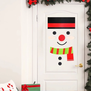 DIY Christmas snowman door decoration set with felt hat and scarf on white wood door