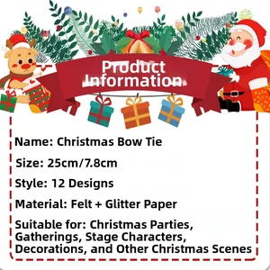 Detailed chart showing 25x7.8cm felt and glitter Christmas ties for kids' parties