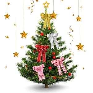 Christmas tree bow decorations set with red velvet, gold sequins and snowflake patterns