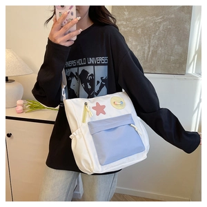Detailansicht der geräumigen Canvas-Tragetasche mit blauer Tasche und Stern-Patchwork