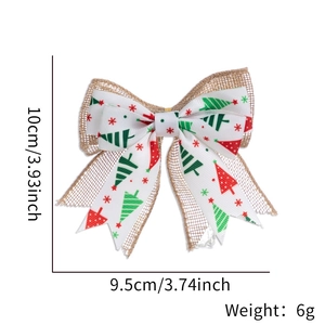 Detailed size view of a Christmas double-layered linen bow with holiday tree pattern