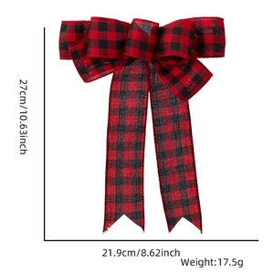 Detailed dimensions of a buffalo plaid Christmas bow for holiday tree decoration