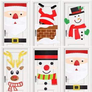 DIY Christmas Felt Door Stickers Set Santa Claus Snowman Reindeer Cartoon Wall Decals For Home Holiday Party Decoration