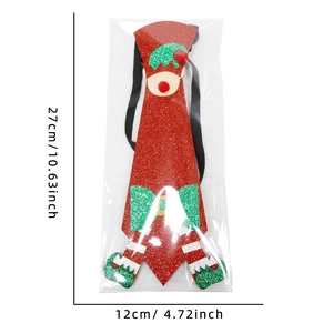 Detail view of sparkly Christmas elf tie with glitter sequins and elastic strap measurements