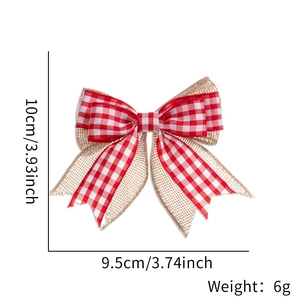 Detail of red and white plaid burlap Christmas bow showing 9.5cm x 10cm dimensions