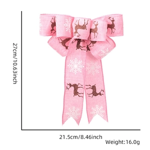 Pink burlap Christmas bow with reindeer print and 27x21.5cm dimension details