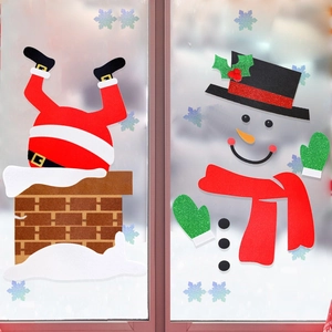 Christmas window decals set featuring Santa in chimney and smiling snowman with red scarf