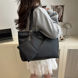 Large capacity black tote bag with fashion logo and small hanging pouch for women