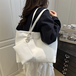 White large capacity leather tote bag set with FASHION gold lettering for daily commuting
