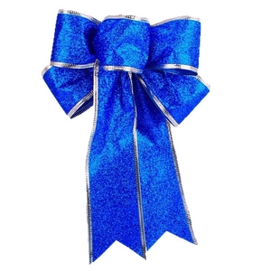 Blue glitter Christmas bow with silver trim for holiday tree and gift decoration