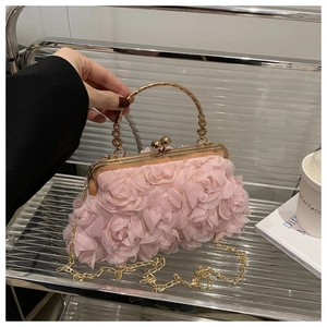Pink evening bag with 3D floral roses, gold metal handle and detachable chain strap