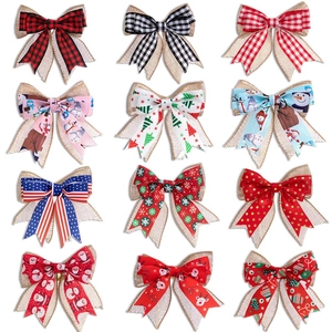 Set of 12 small double-layer burlap Christmas bows with plaid and snowman patterns