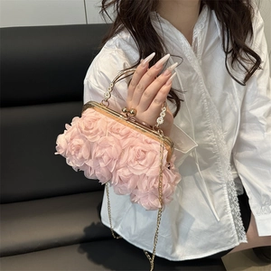 Pink 3D rose flower evening clutch bag with gold kiss lock frame and chain strap