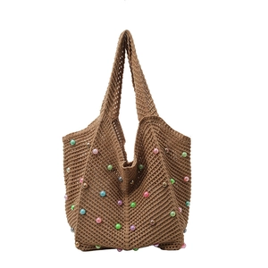 Brown knit tote bag with colorful faux pearls and crochet hollow texture for women