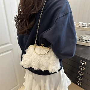 Elegant white floral clutch evening bag with gold chain and circular metal handle