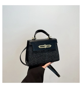 Close-up of black handbag with matte leather, glitter texture, and gold metal buckle