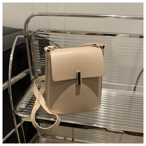 Détail du sac à main beige en simili cuir avec un fermoir rectangulaire en métal doré